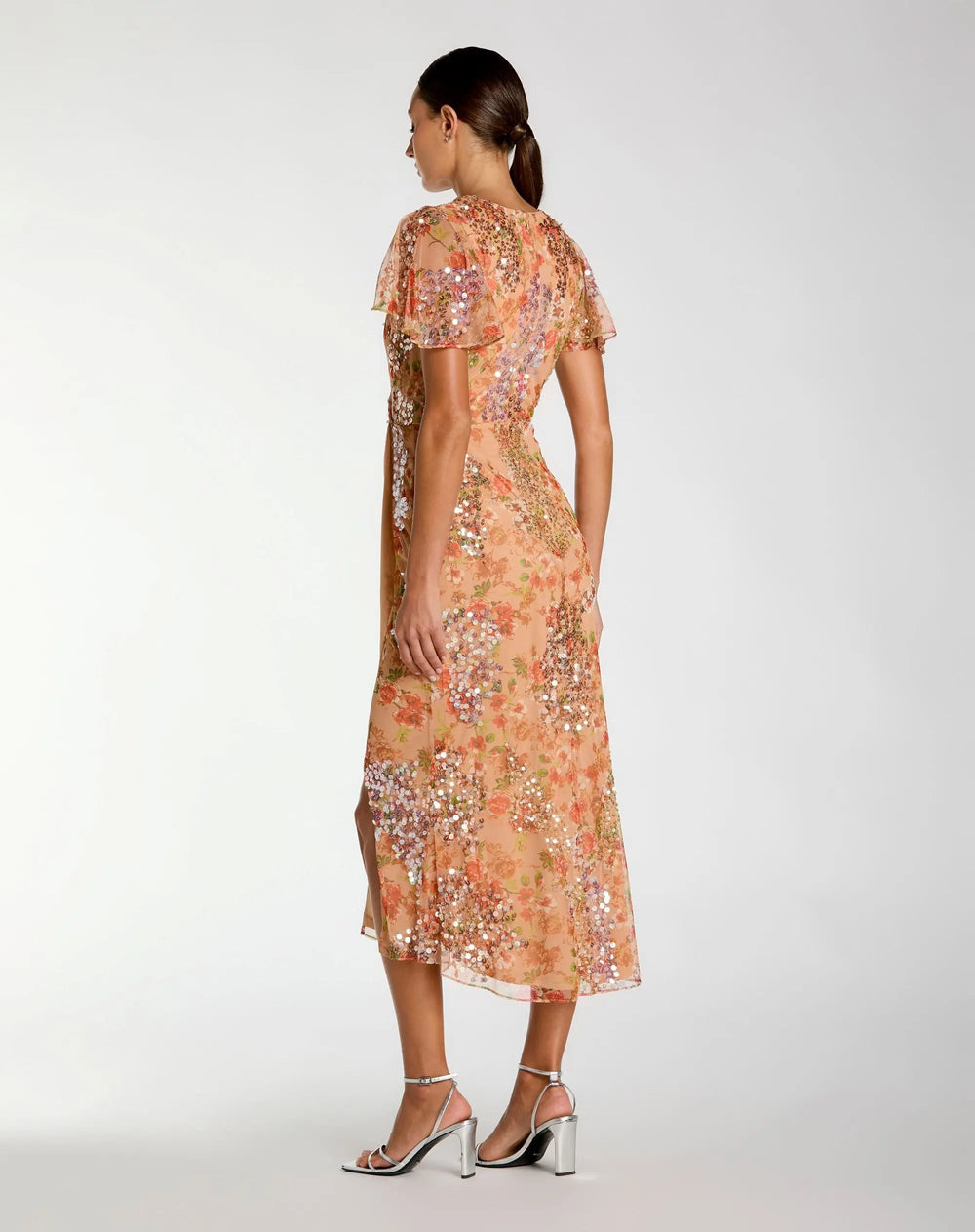 Orange Embellished Floral Flutter Sleeve Midi Dress - FOSTANI.com