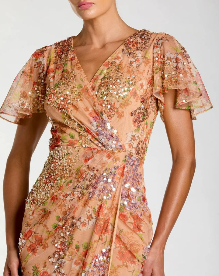 Orange Embellished Floral Flutter Sleeve Midi Dress - FOSTANI.com