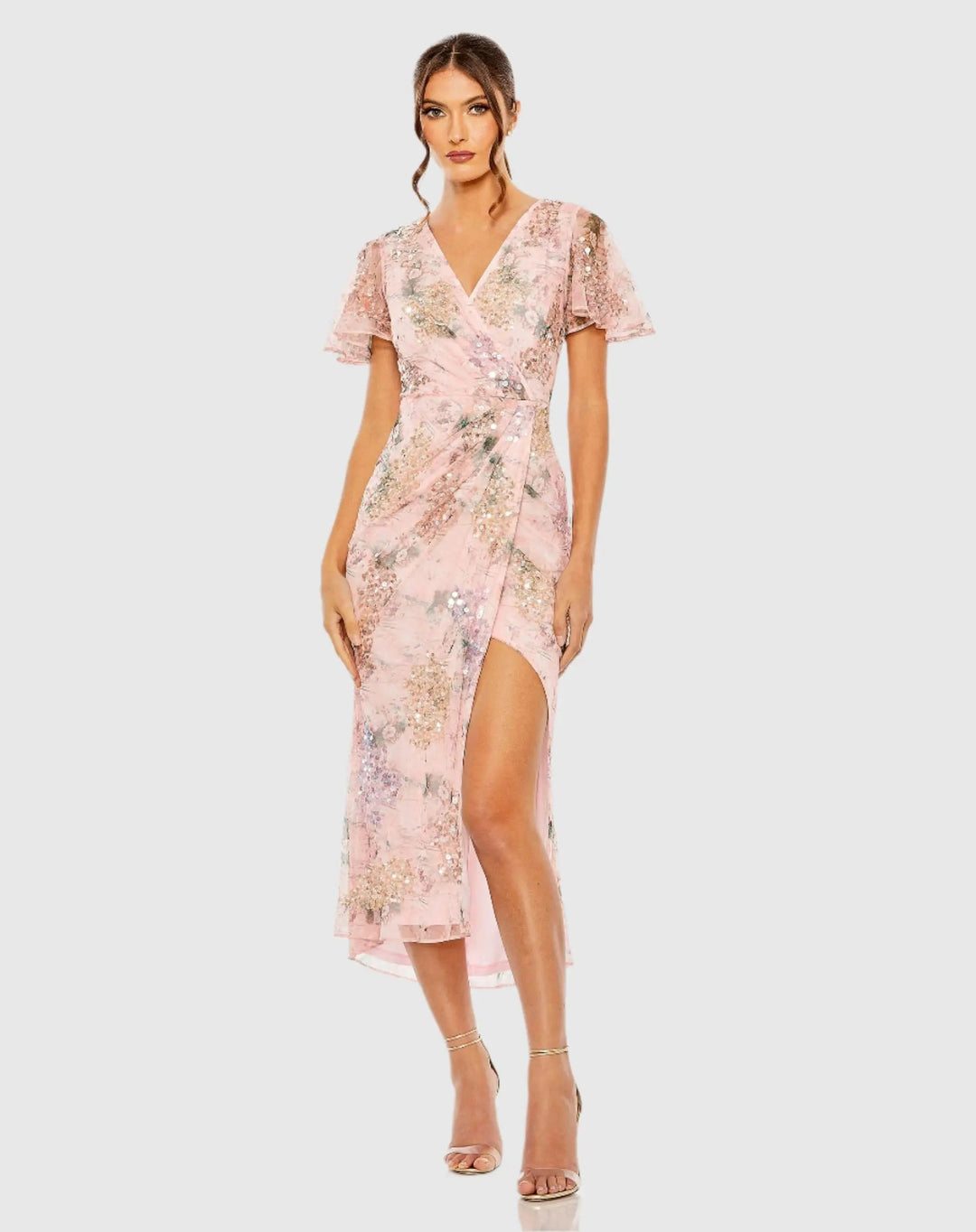 Pink Embellished Floral Flutter Sleeve Midi Dress - FOSTANI.com