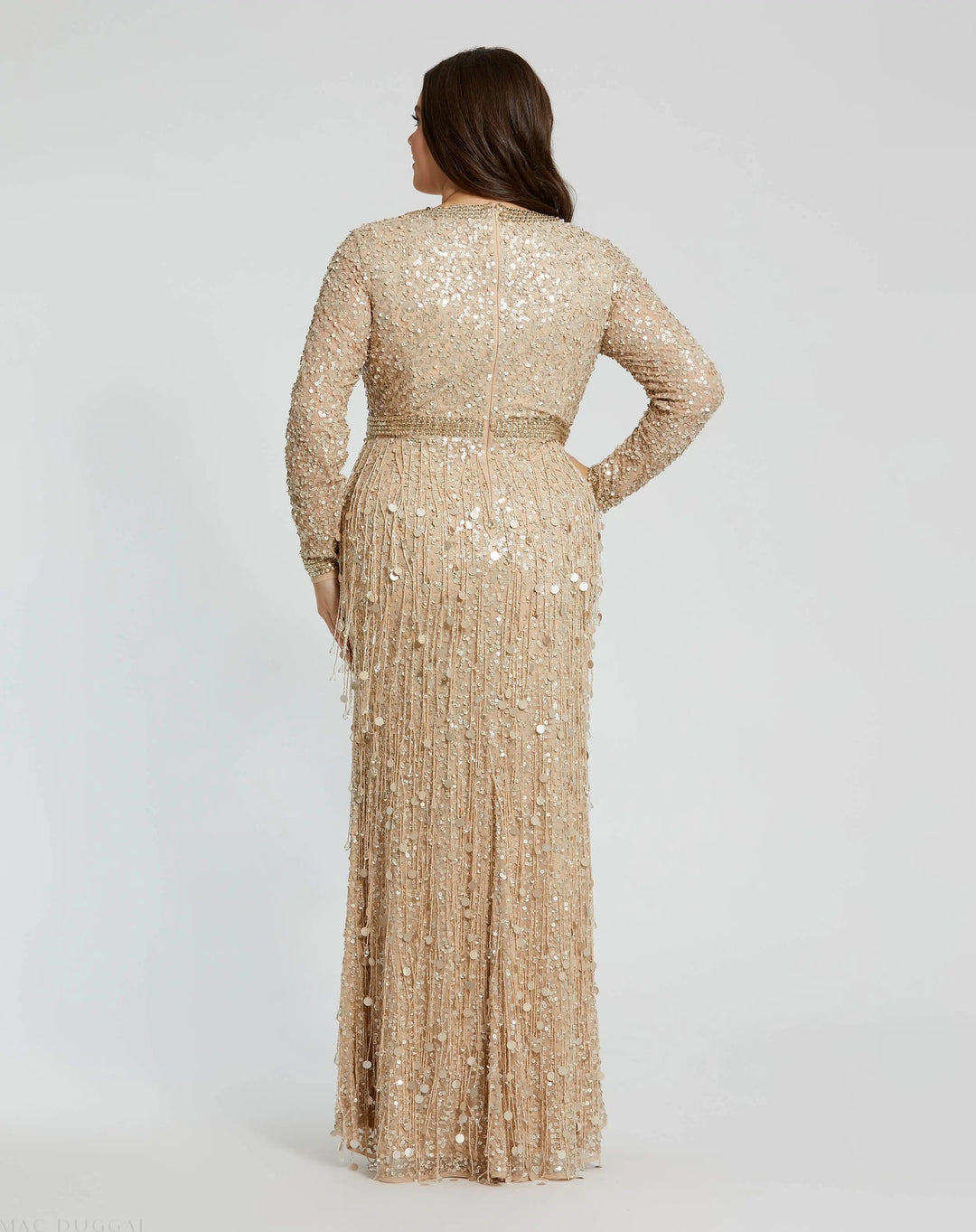 Mac Duggal 94074 Embellished Fringe Long Sleeve Gown (Plus)