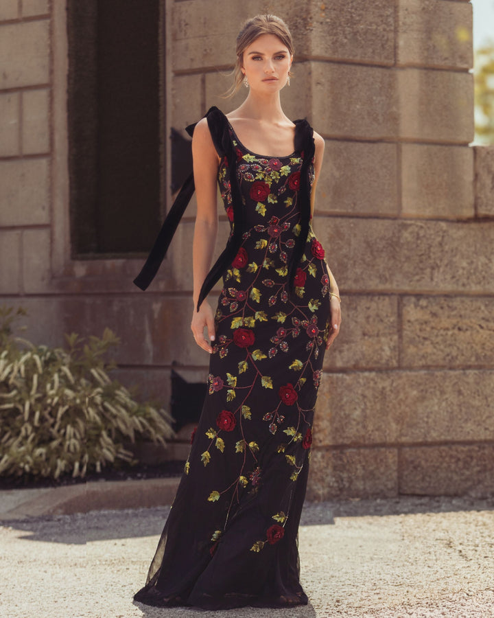 Mac Duggal 9411 3D Floral Embellished Gown With Velvet Bows