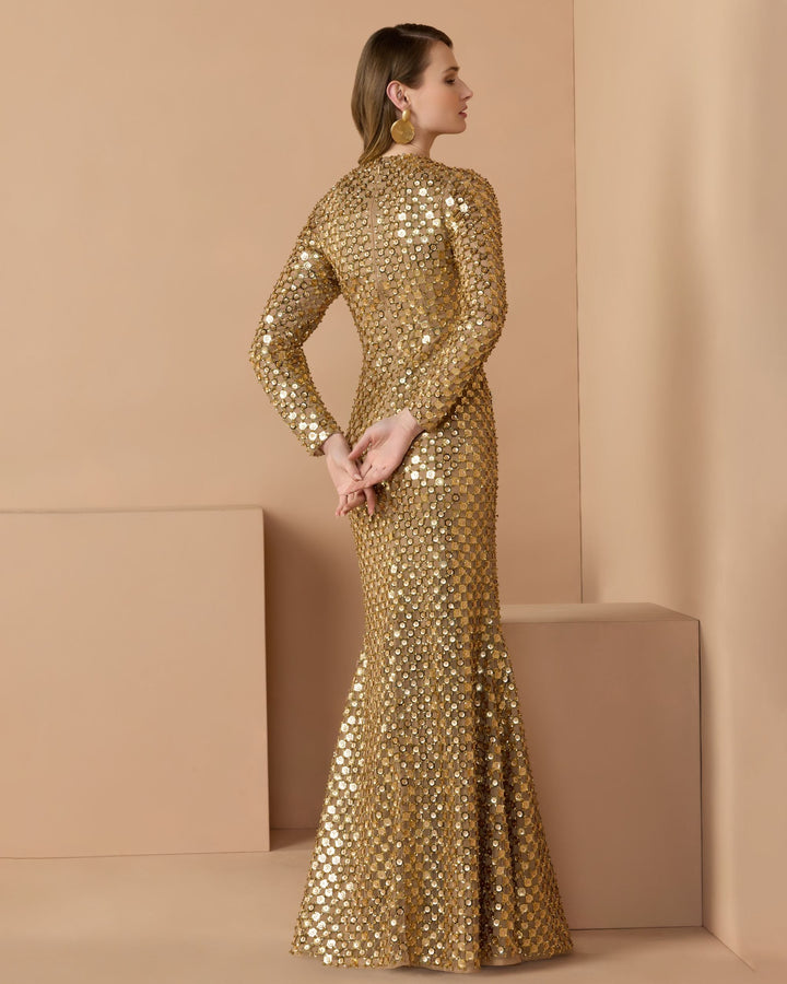 Mac Duggal 94136 Geometric Sequin Long Sleeve Column Gown