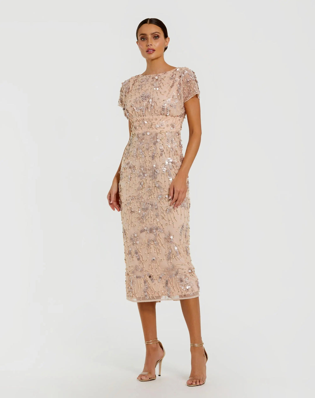 Pink Embellished Cap Sleeve Midi Dress - FOSTANI.com