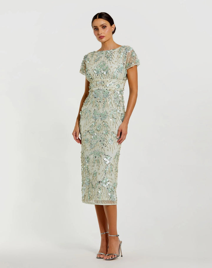 Green Embellished Cap Sleeve Midi Dress - FOSTANI.com