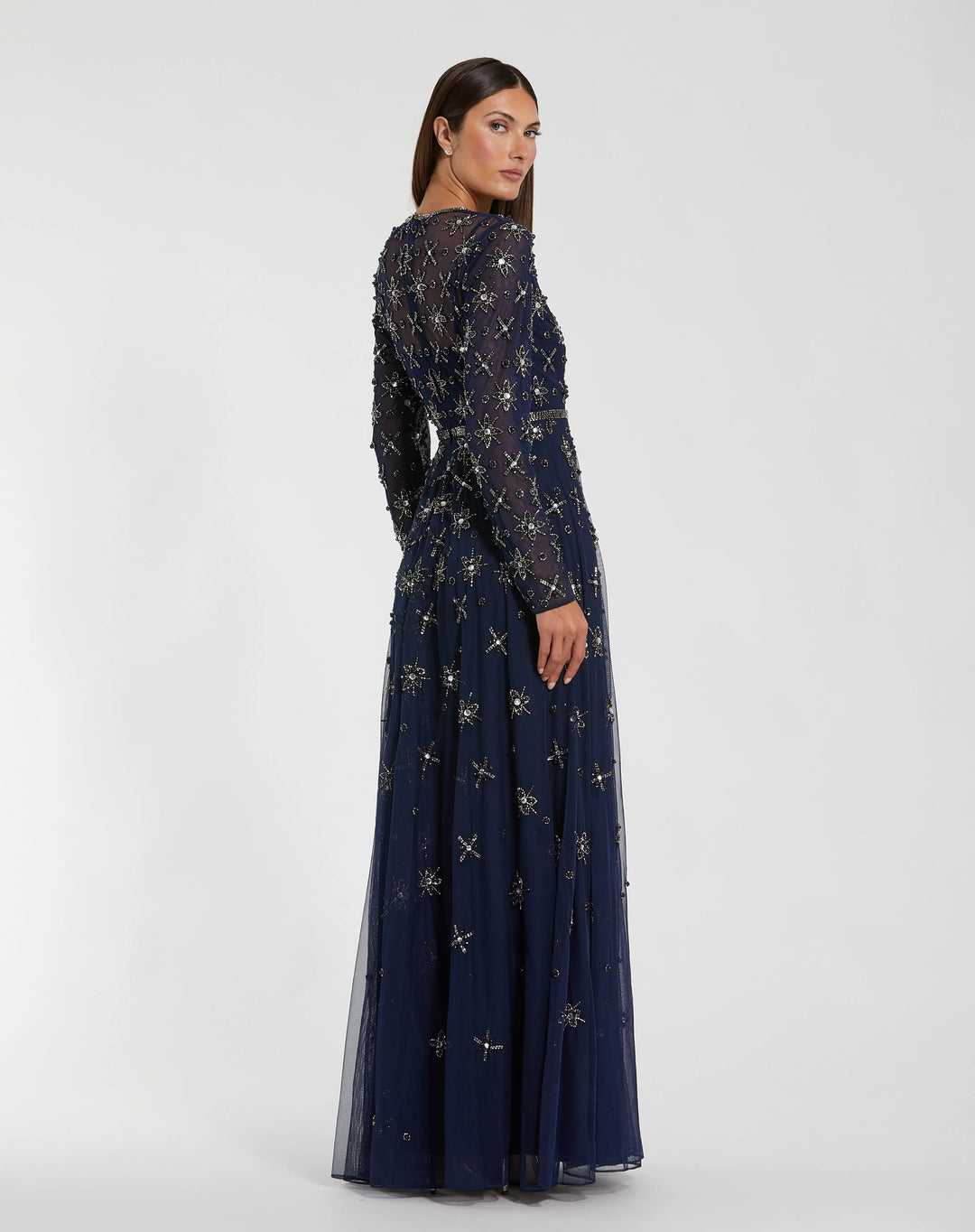 Mac Duggal 94216 Navy Long Sleeve Crystal Embellished Evening Gown