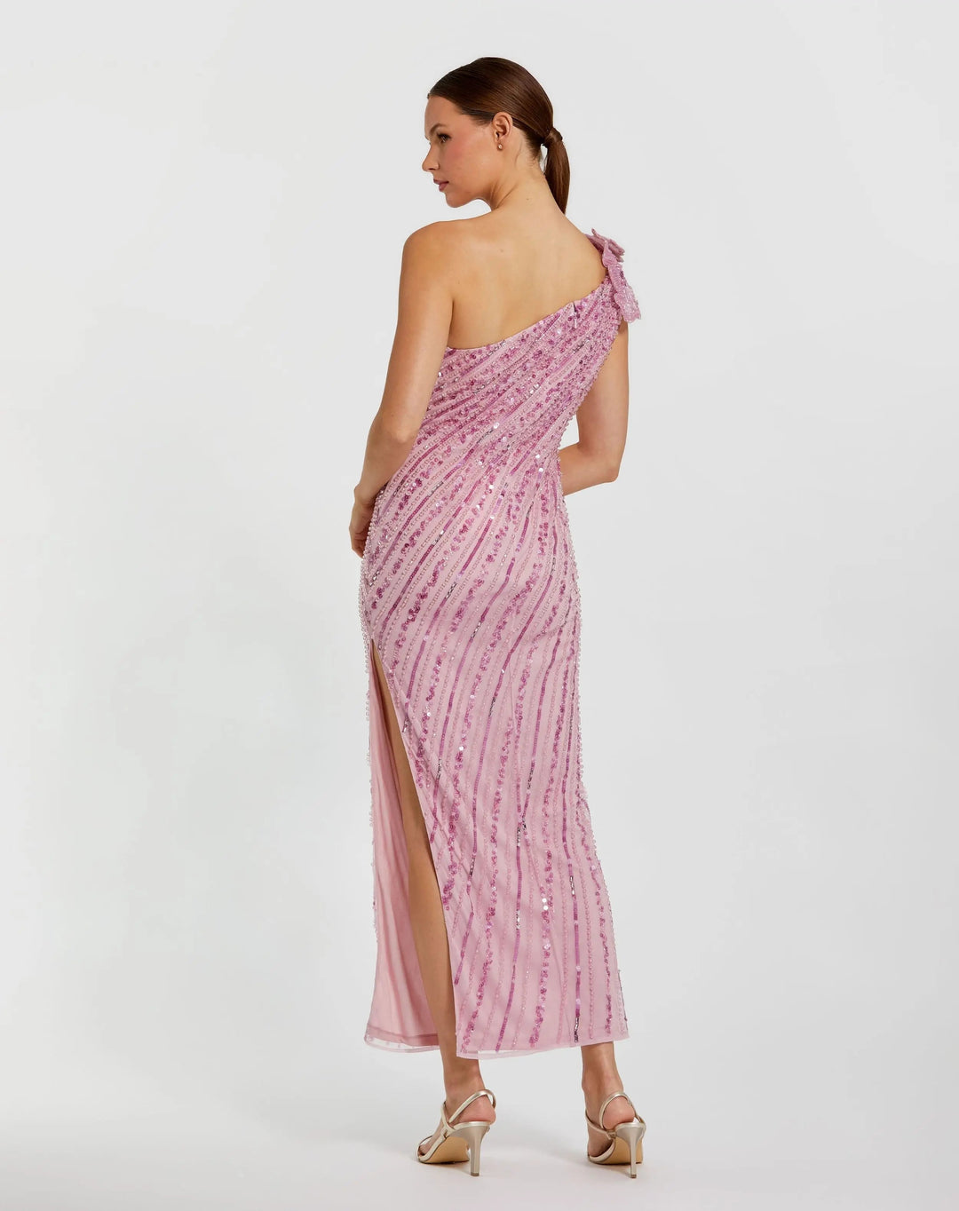 Mac Duggal 94221 Pink One Shoulder Beaded Mesh Dress With Flower