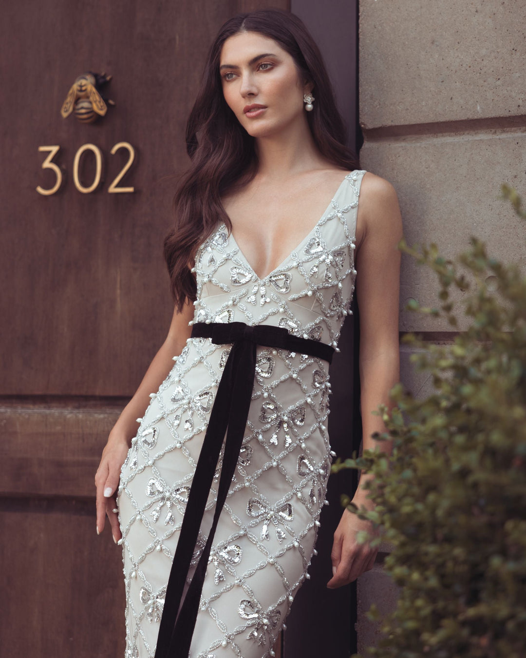 Mac Duggal 94390 Beaded Bow Sleeveless V-Neck Gown