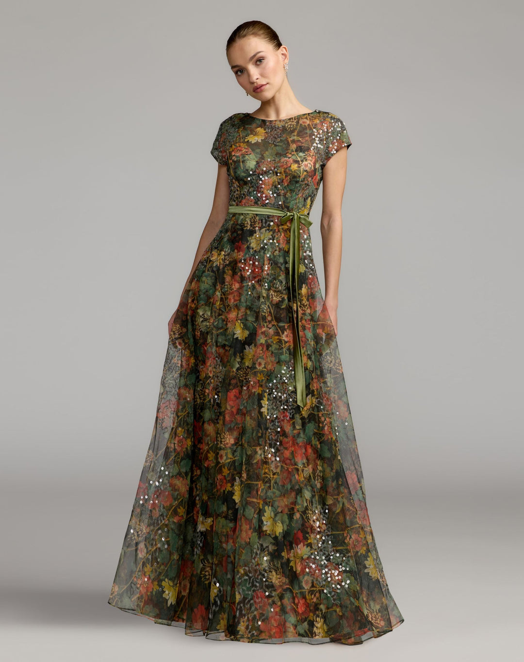 Mac Duggal 94444 Floral Cap Sleeve A-Line Gown