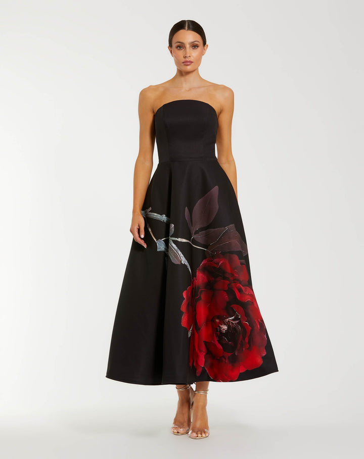 Mac Duggal 21152 Strapless Satin Floral Embroidered A-Line Gown