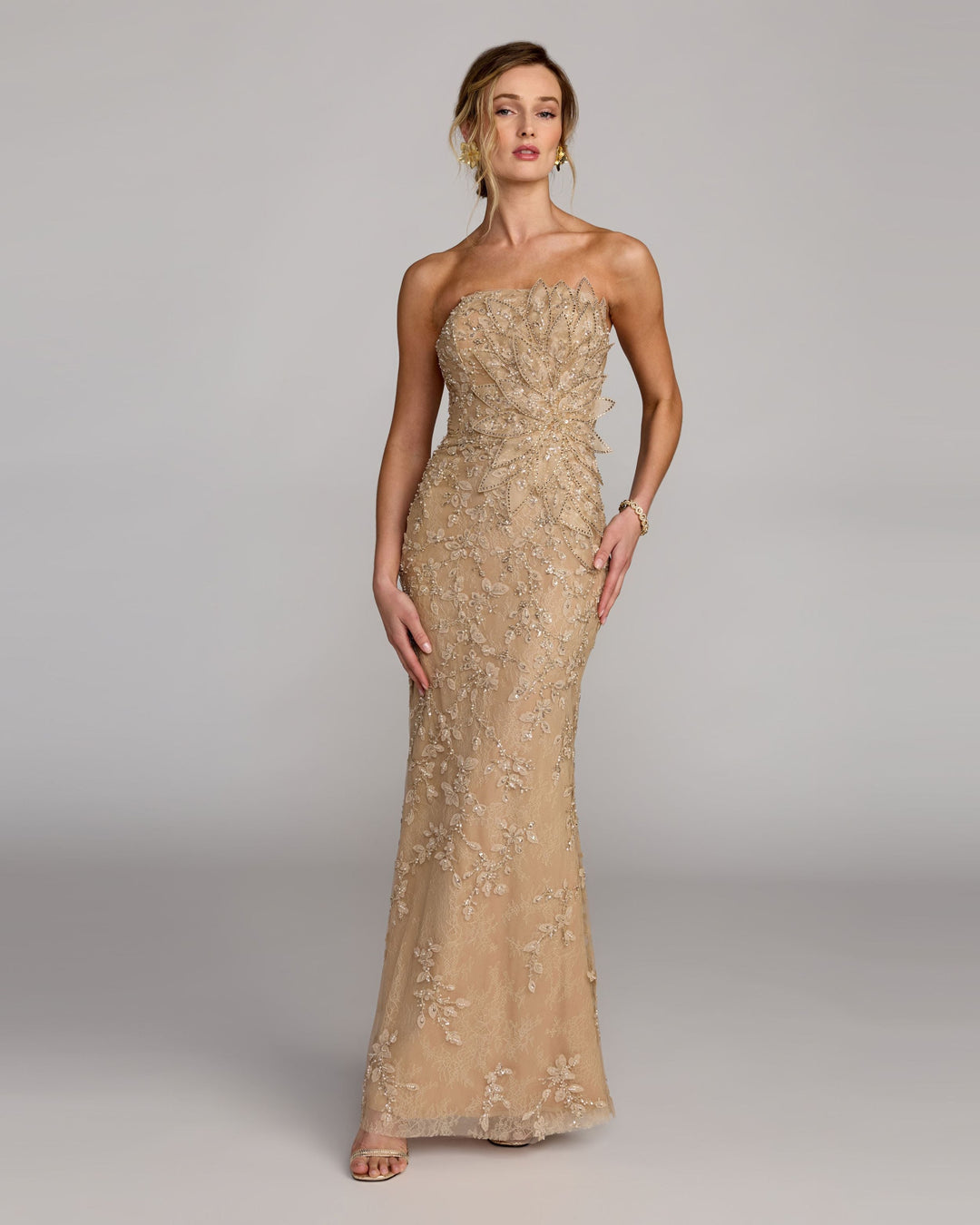 Mac Duggal 9921200P Petite Strapless Embellished Lace Gown with 3D Flower