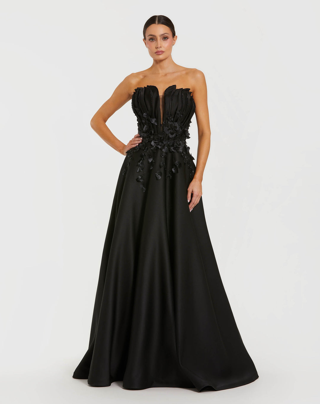 Mac Duggal 9937134P Petite Strapless Satin Floral Embellished Ball Gown