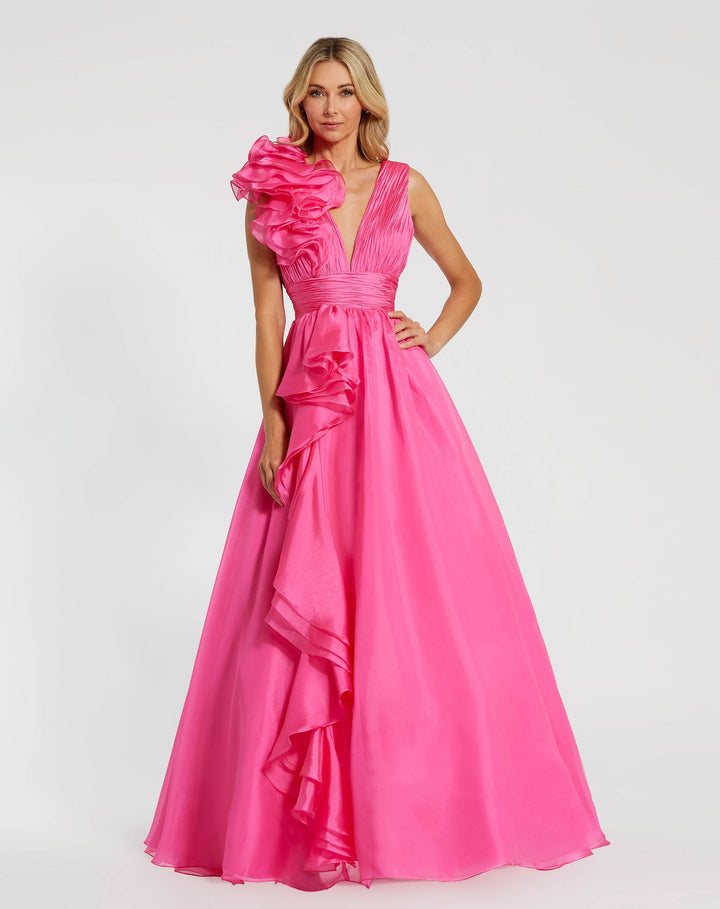 Mac Duggal 9948856P Petite Pink Ruffle Shoulder V-Neck Chiffon Gown