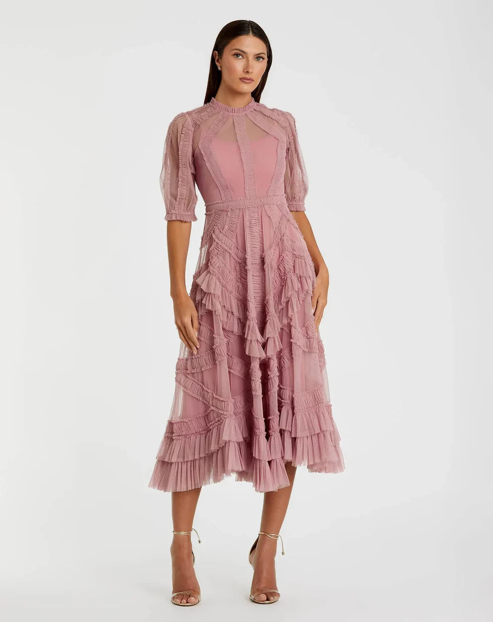 Mac Duggal 8058 High Neck Ruffle Tiered A-Line Midi Dress