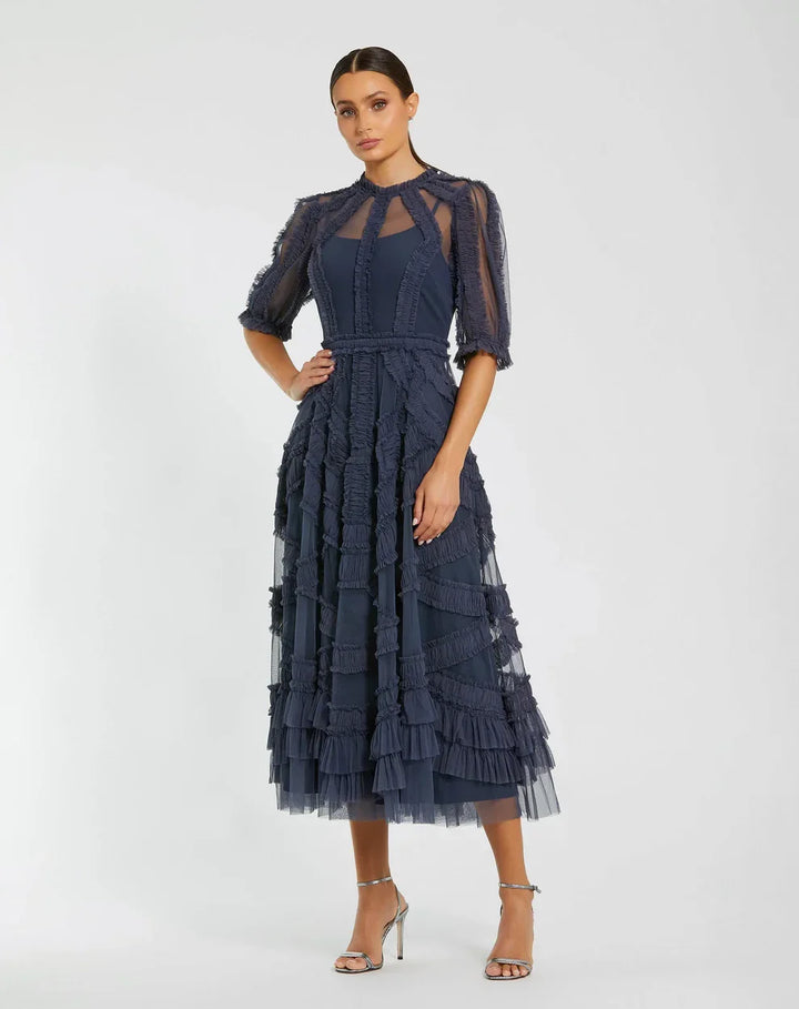 Mac Duggal 8058 High Neck Ruffle Tiered A-Line Midi Dress