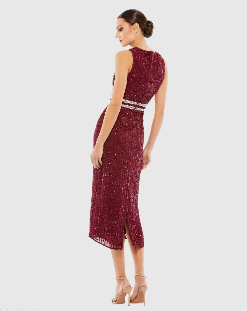 Mac Duggal A10509 Sleeveless High Neck Beaded Midi Sheath Dress