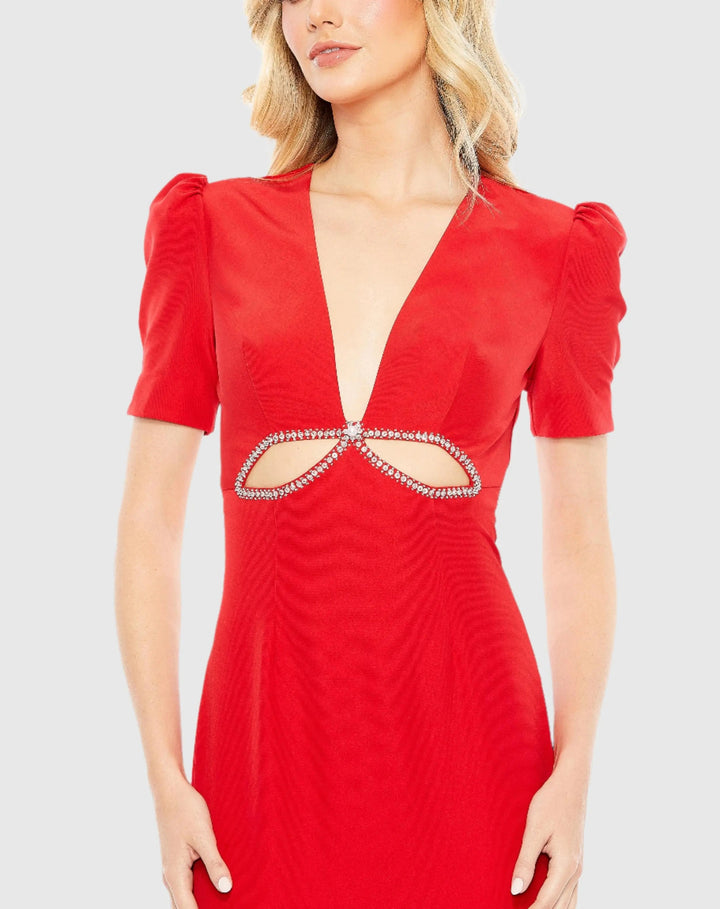 Mac Duggal A2630 Plunge Neck Puff Sleeve Cut Out Gown