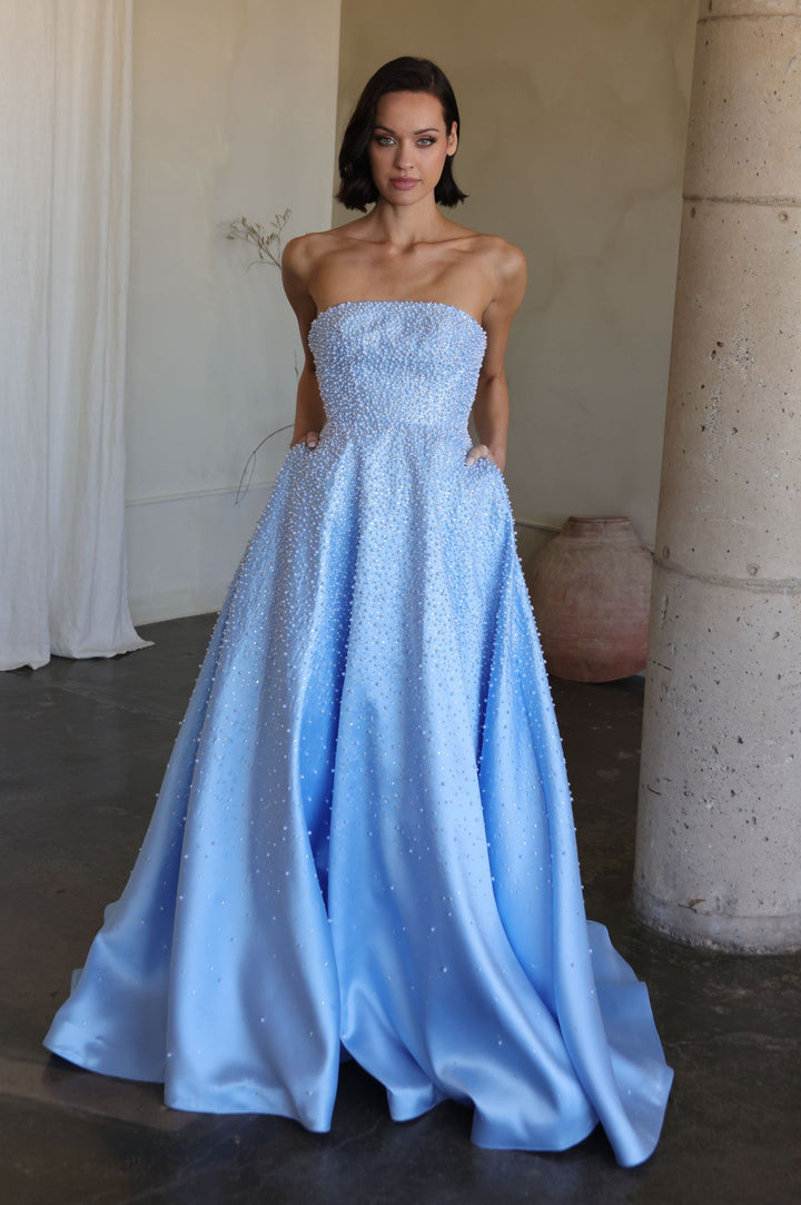 Ava Presley 42500 - Strapless Beaded Blush A Line Gown - FOSTANI.com