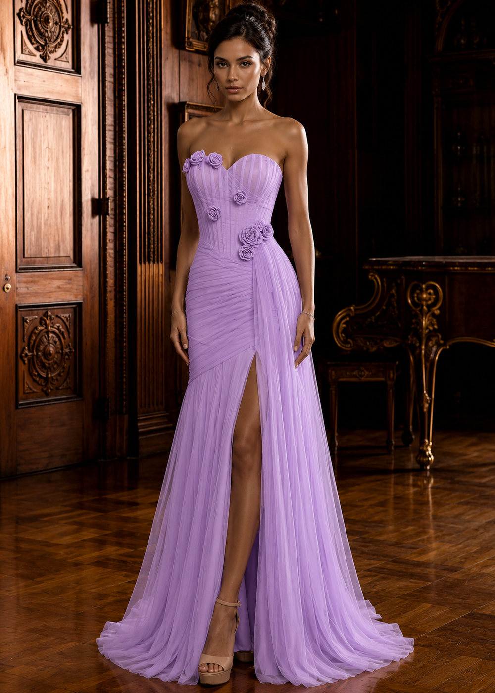 Portia & Scarlett PS26936E strapless corset evening gown with slit alternate front view 1