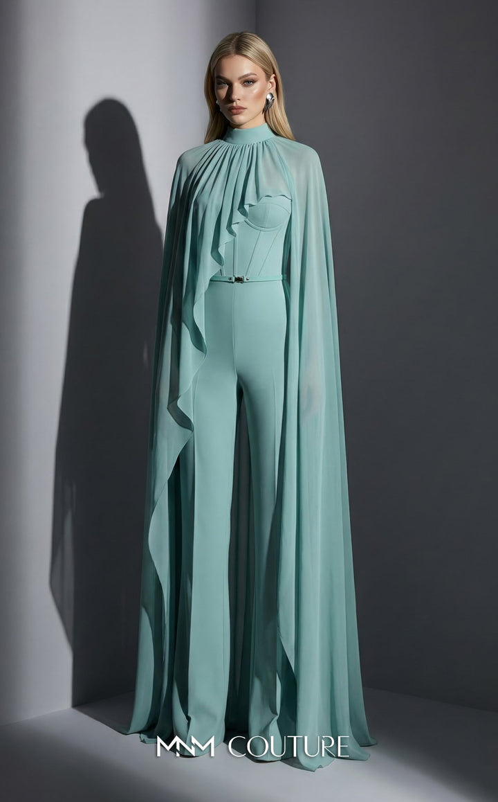 MNM Couture Style E0143 Sophisticated Chiffon High-Neck Cape Jumpsuit - FOSTANI.com