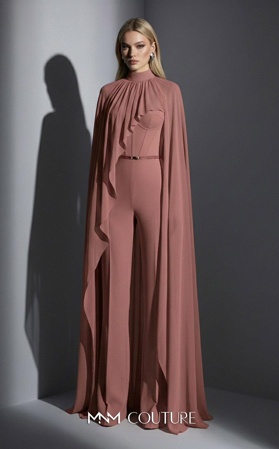 MNM Couture Style E0143 Sophisticated Chiffon High-Neck Cape Jumpsuit - FOSTANI.com
