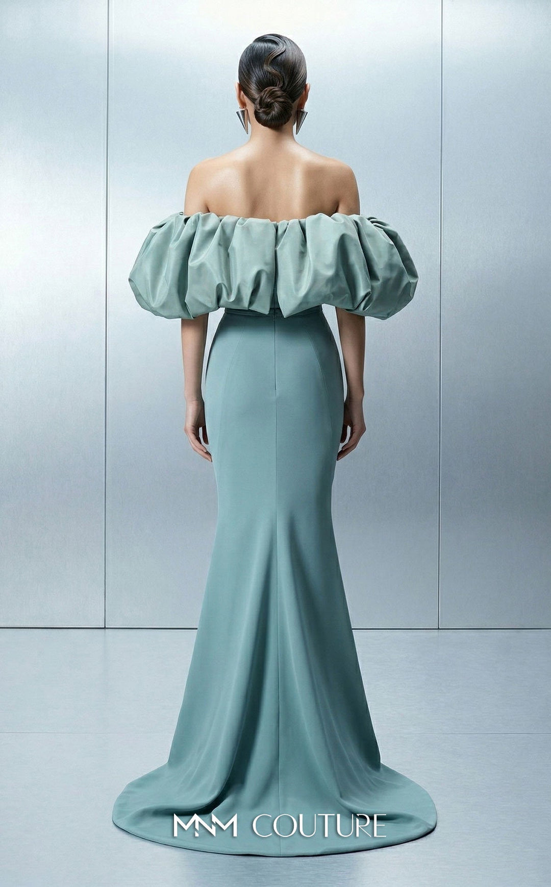 MNM Couture Style E0165 Luxurious Crepe Gown with Puffy Taffeta Sleeves - FOSTANI.com