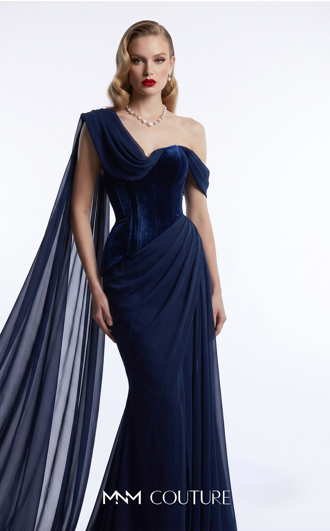 Fouad Sarkis F03017A front view of draped neckline and cape