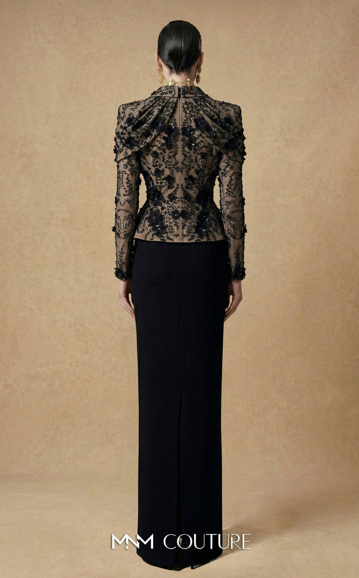 Fouad Sarkis F03047 Embellished Long Sleeve Sheath Couture Dress