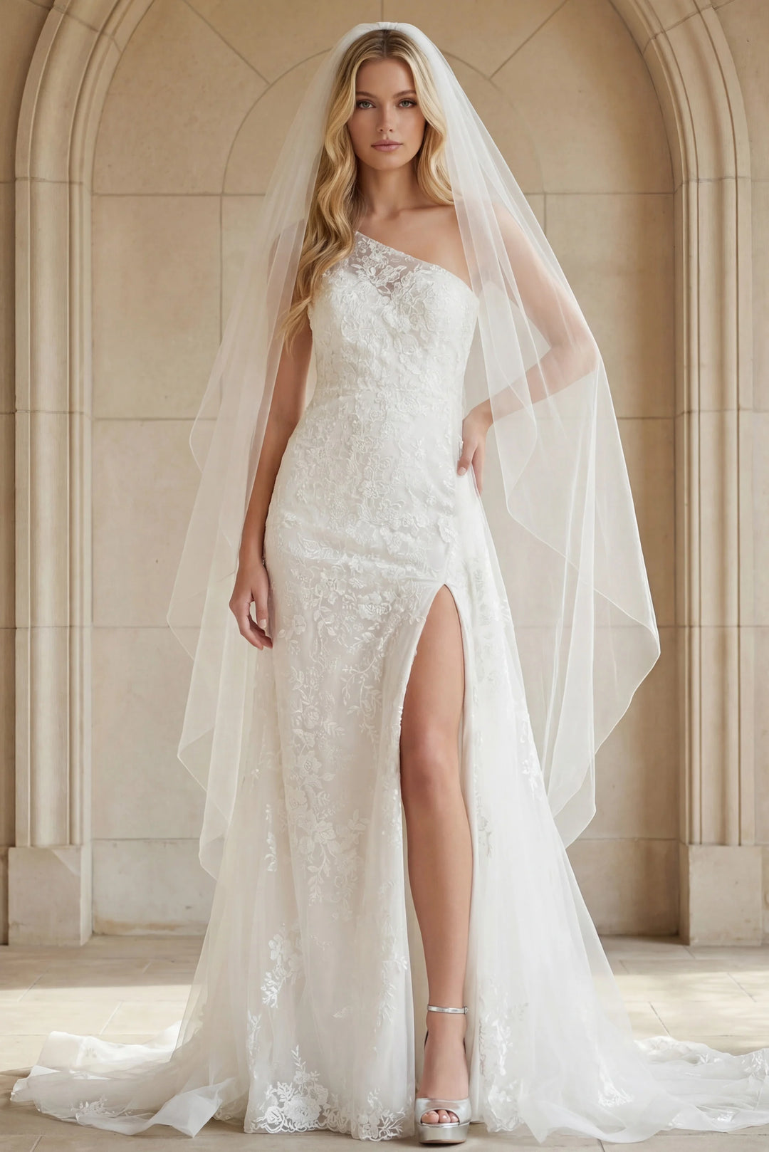 Jovani JB37601 White One Shoulder High Slit Bridal Dress - FOSTANI.com