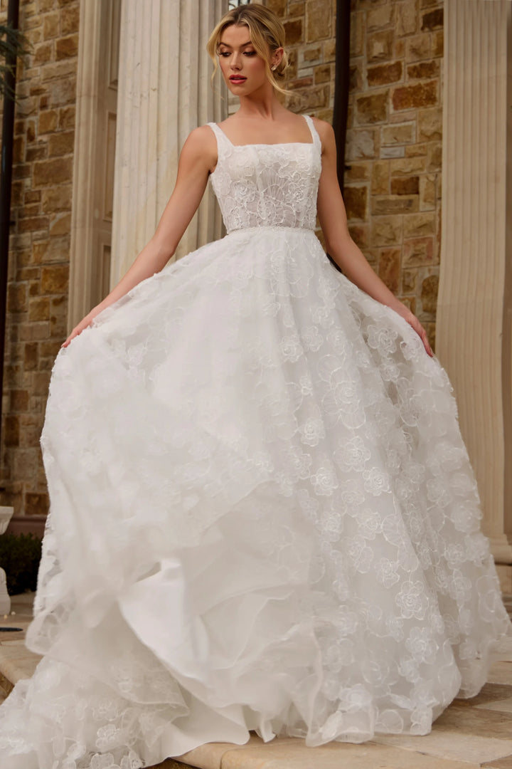 Jovani JB45834 Square Neck Lace Ballgown with Floral Appliqué