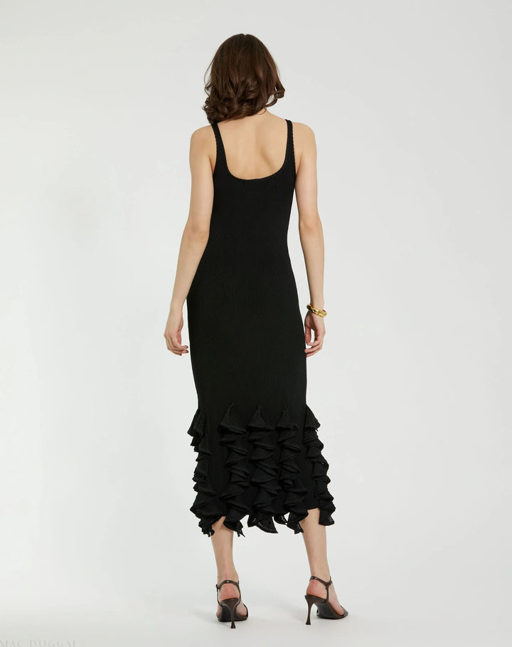 Mac Duggal K13013 Rib Knit Sleeveless Midi Dress With Ruffle Hem