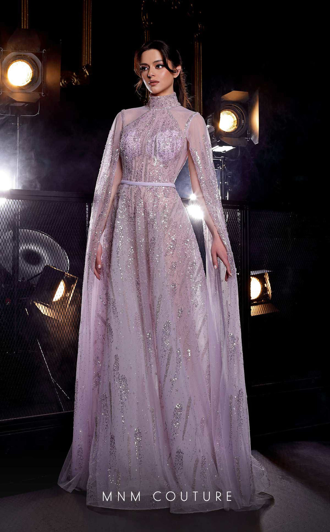 MNM Couture K3975 cape sleeve A-line evening gown front view