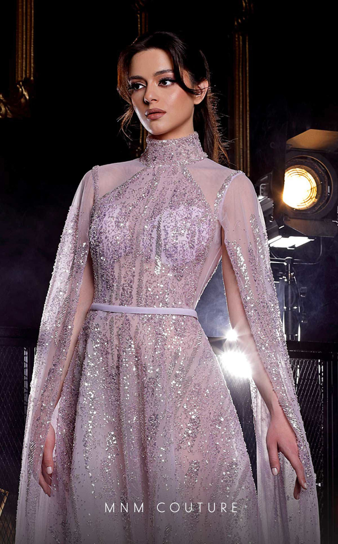 MNM Couture K3975 evening gown neckline and cape sleeve detail view