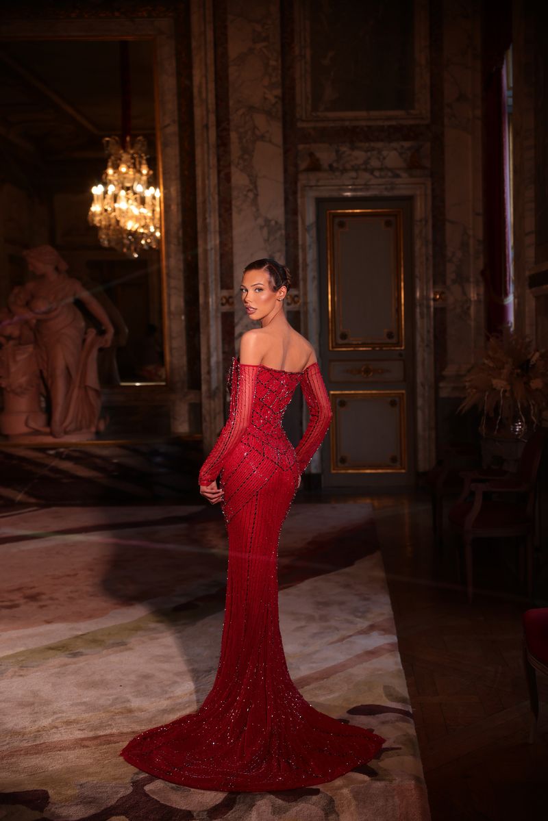 Chic & Holland HF110676 Off-Shoulder Long-Sleeve Couture Dress