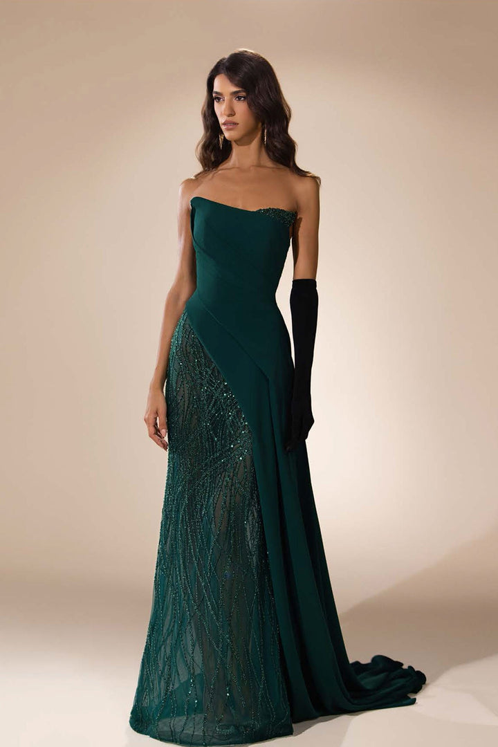 Strapless Column Dress with Asymmetric Draping - FOSTANI.com