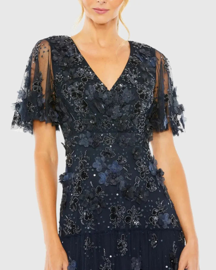 Mac Duggal 9207 Floral Embellished Flutter Sleeve Dress