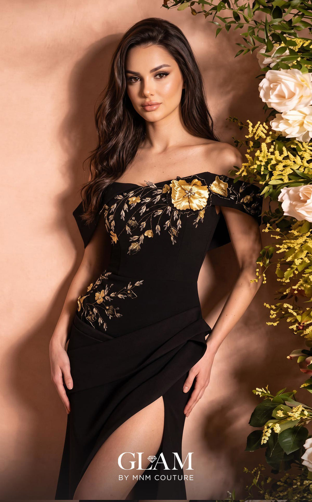 MNM Couture O07832 evening gown, hip drape detail
