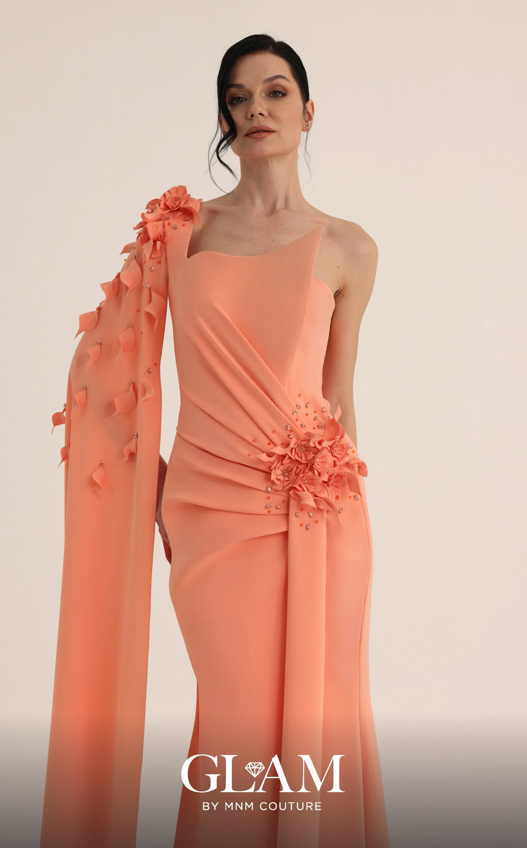 MNM Couture Style O07883: Asymmetric Cap Sleeve Gown with Floral Embellishments - FOSTANI.com