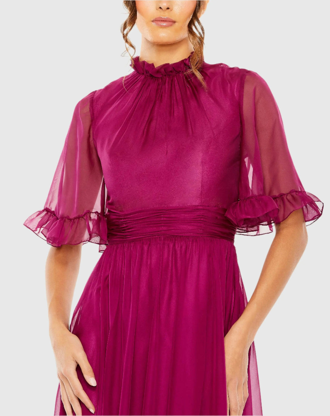 Mac Duggal 68229 Ruffled Mock Neck Flutter Sleeve High Low Hem Gown