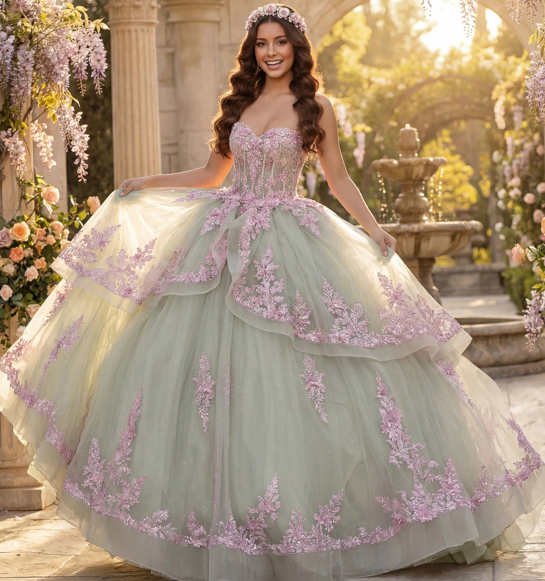 Jovani Q45685 Ball Gown with Pink Floral Appliqués