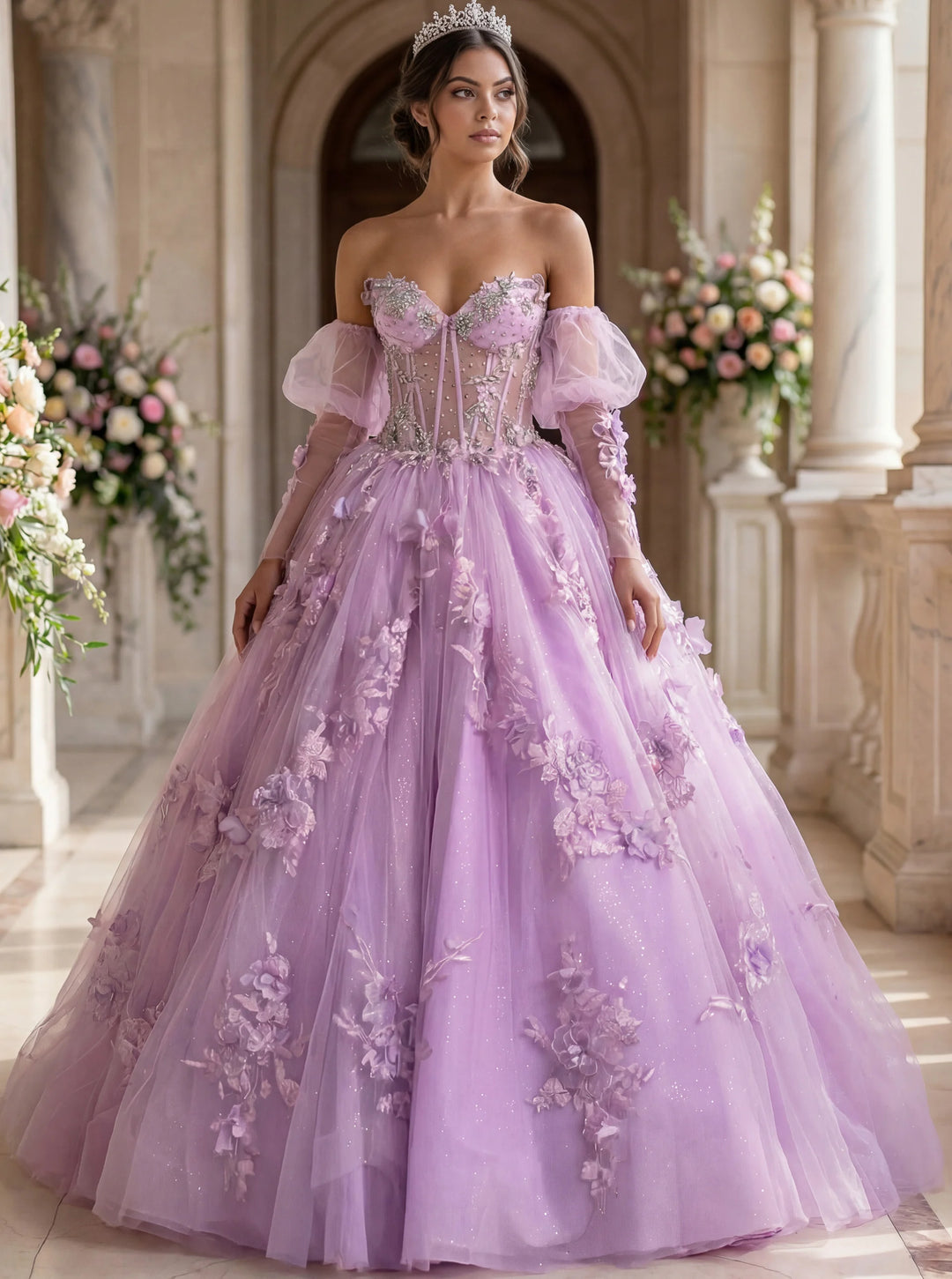 Jovani Q46664 Ball Gown with Sheer Corset and Floral Lace