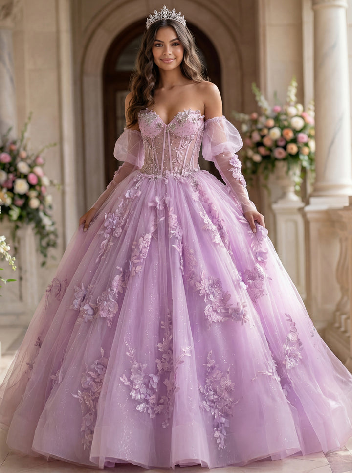 Jovani Q46664 Ball Gown with Sheer Corset and Floral Lace