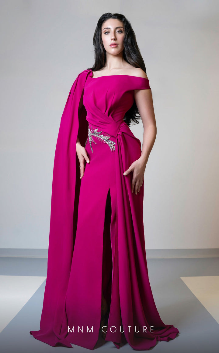 MNM Couture V02029A : Asymmetrical Rayon Crepe Gown with Waist Embellishments - FOSTANI.com