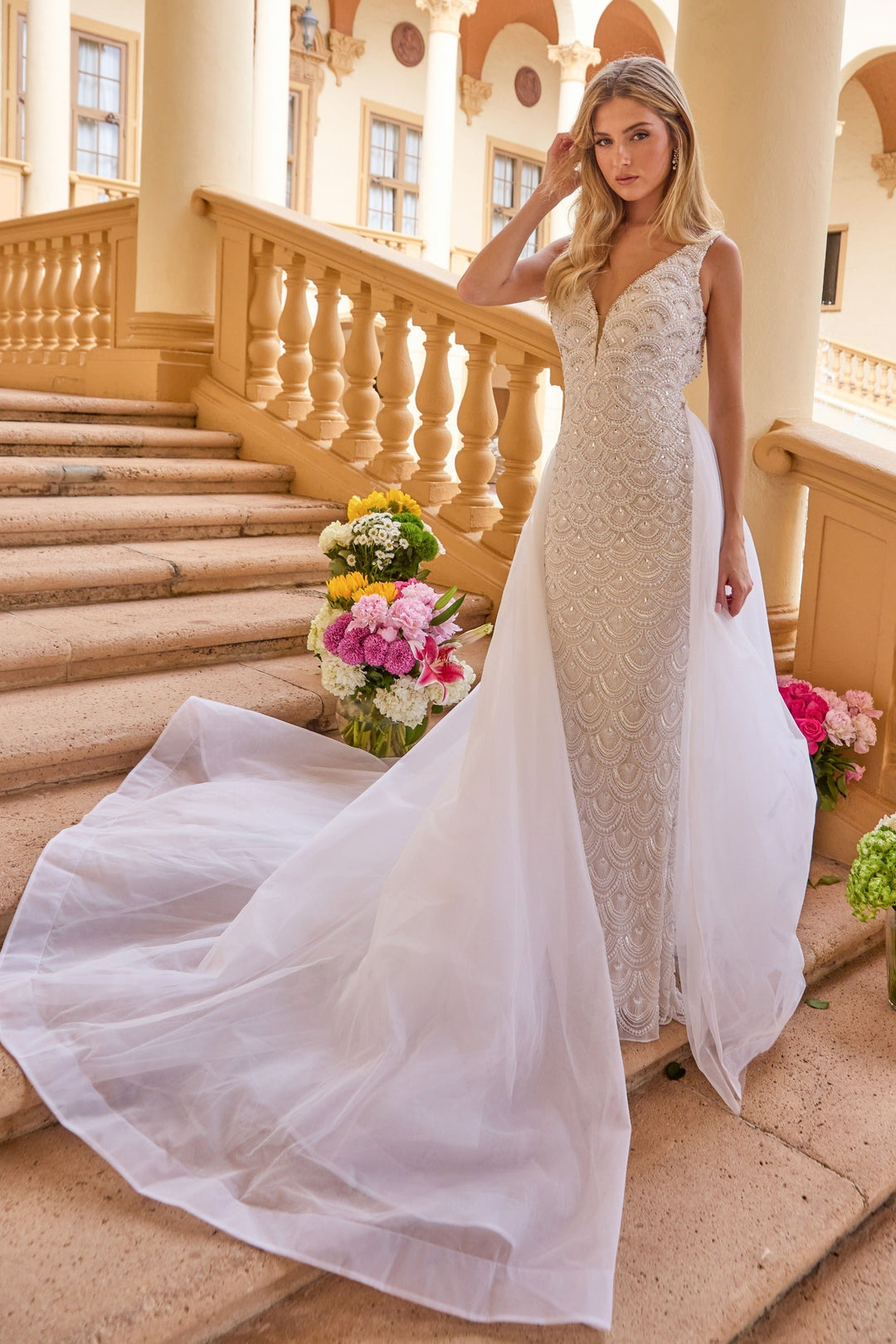 Ava Presley 47224 - Beaded Bridal Gown with Overskirt - FOSTANI.com