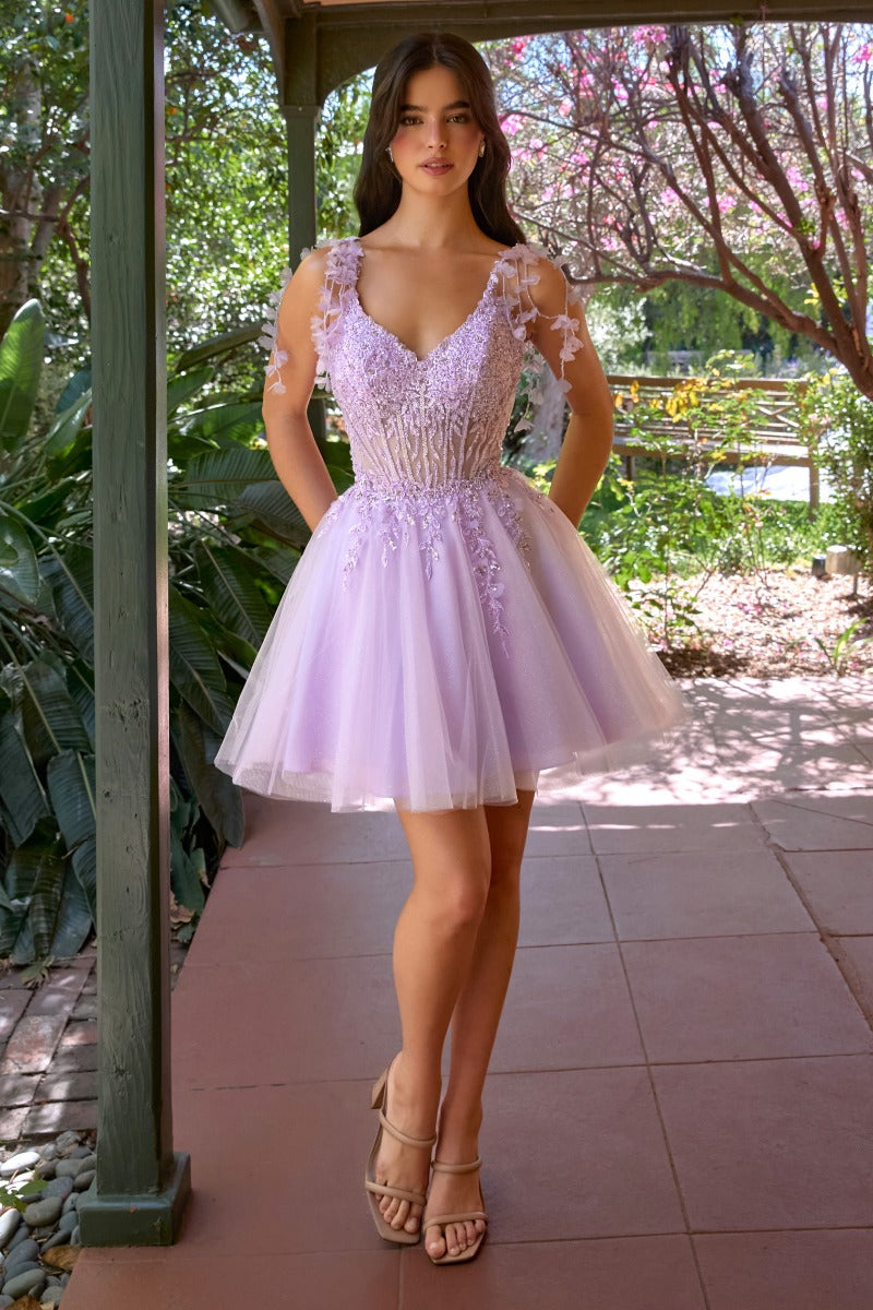 Ladivine CD0249 V-neck illusion corset short homecoming dress front view