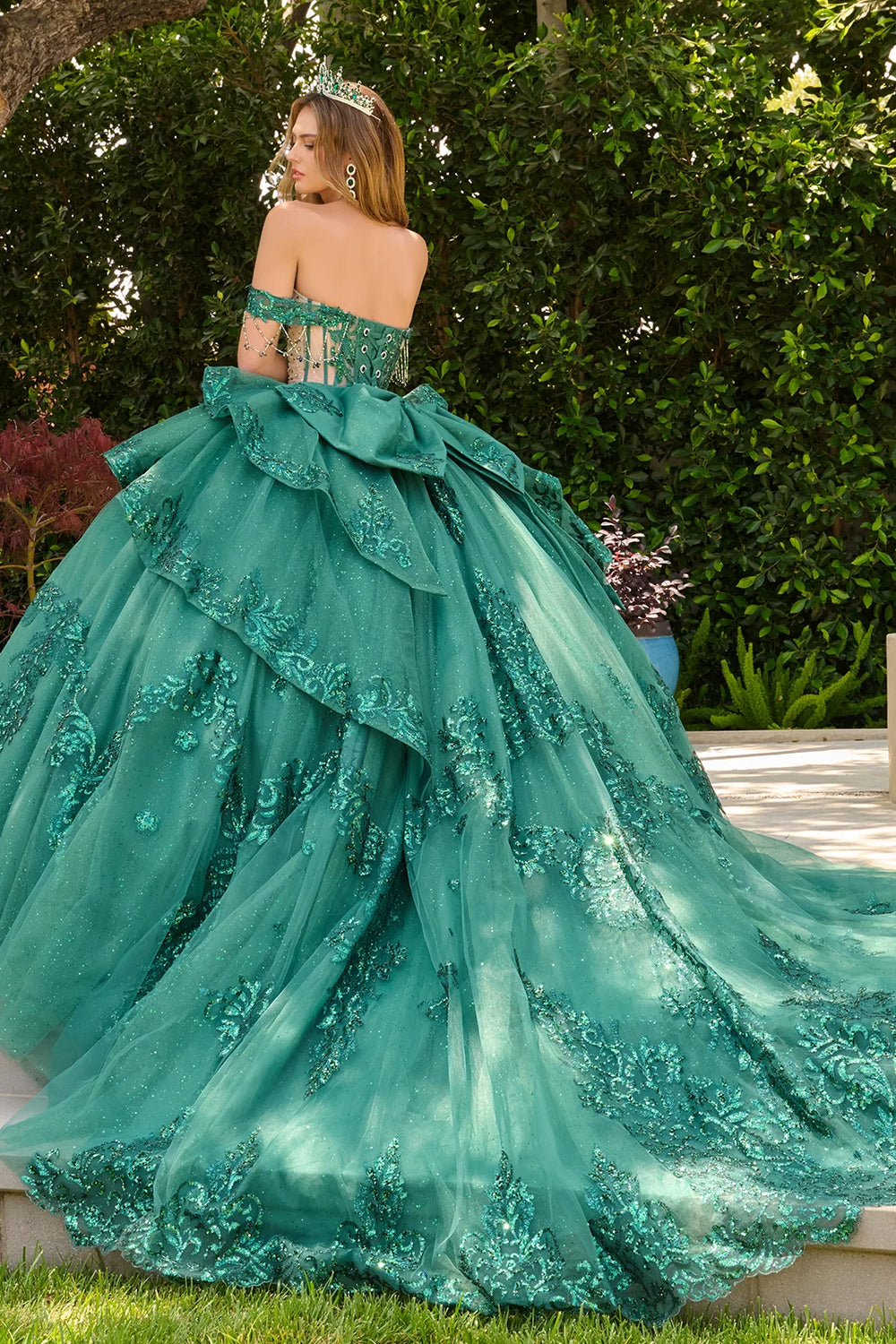 GLS Collective GL3846 sweetheart corset quinceanera ball gown back view with train