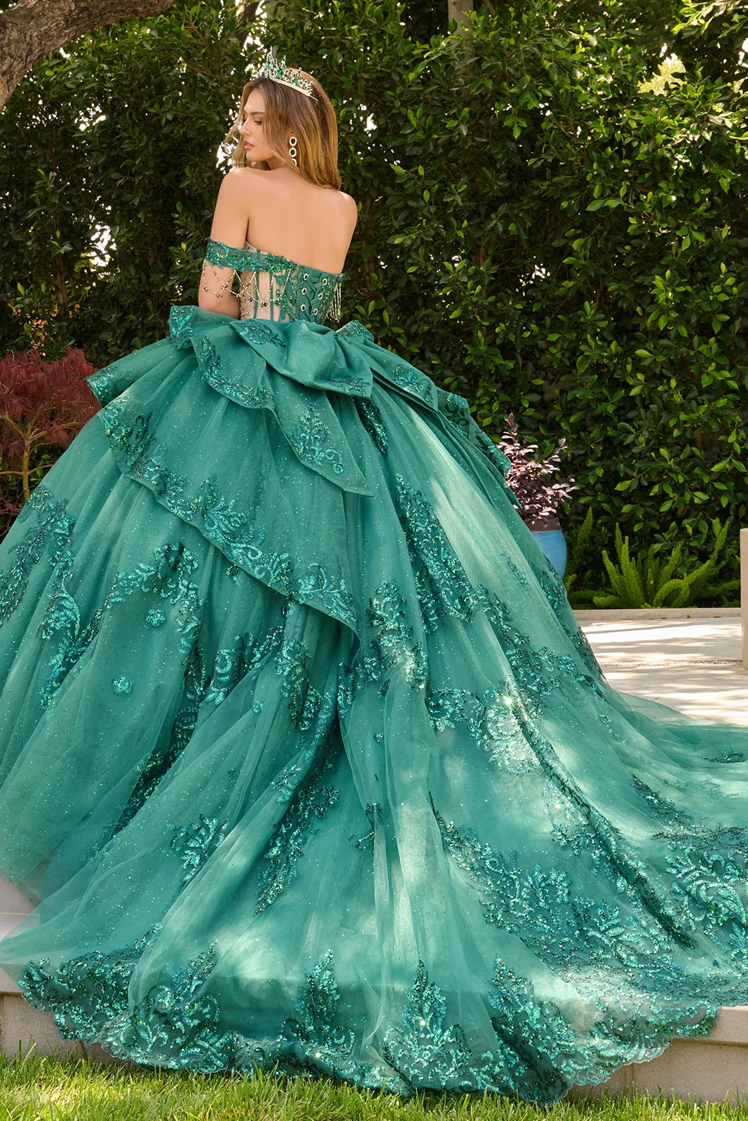 GLS Collective GL3846 sweetheart corset quinceanera ball gown back view with train