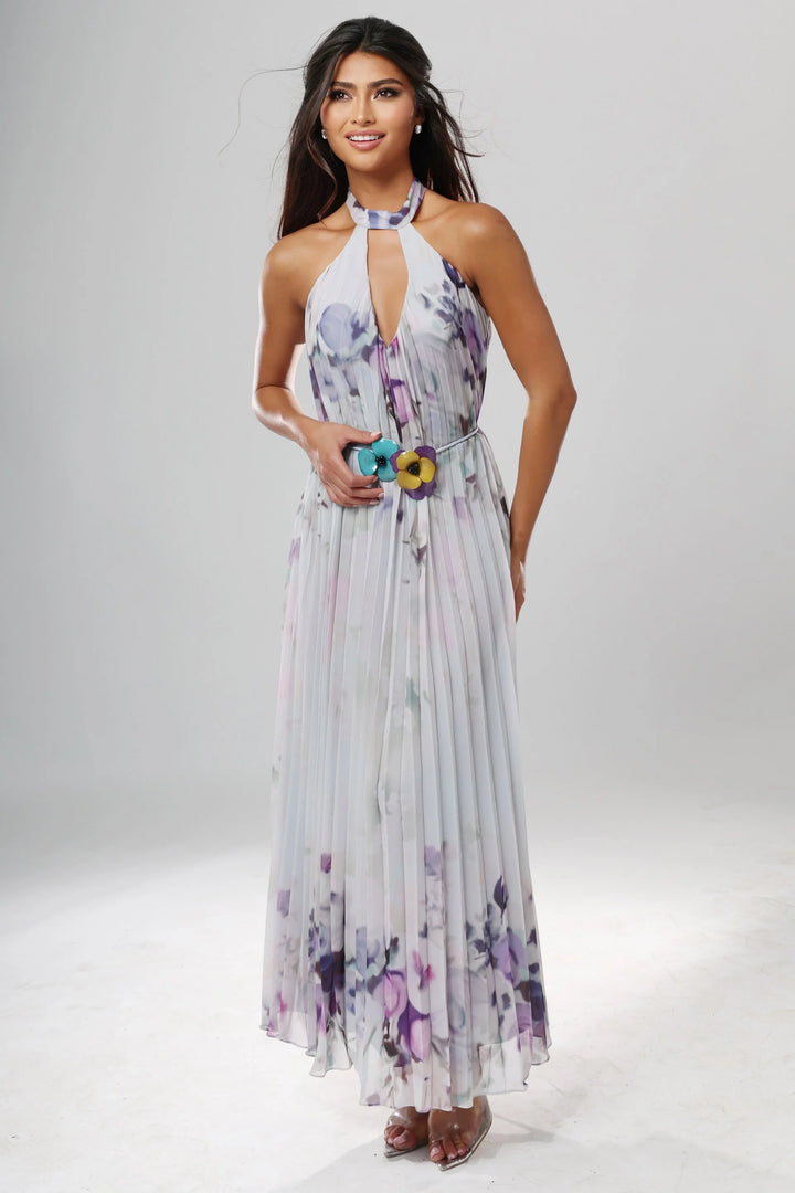 Jovani 55317 Halter Neckline Sleeveless Pleated Floral Wedding Guest Dress