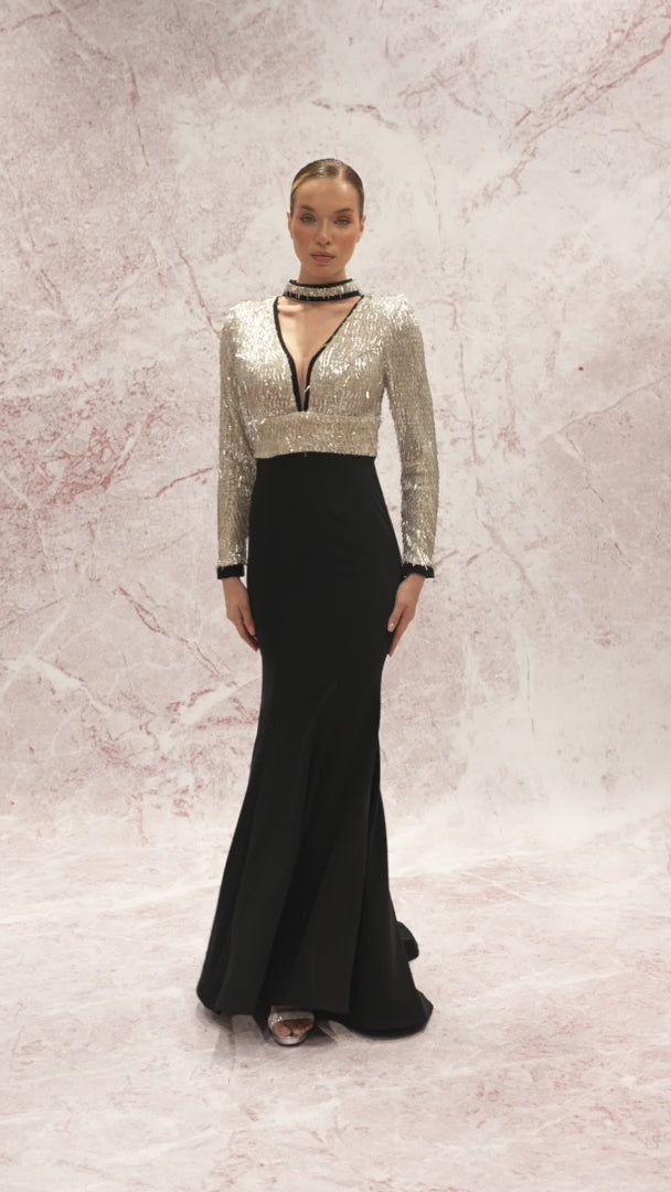 Odrella 7783 High-Neck Long Sleeve Nipped Waist Mother of the Bride Dress