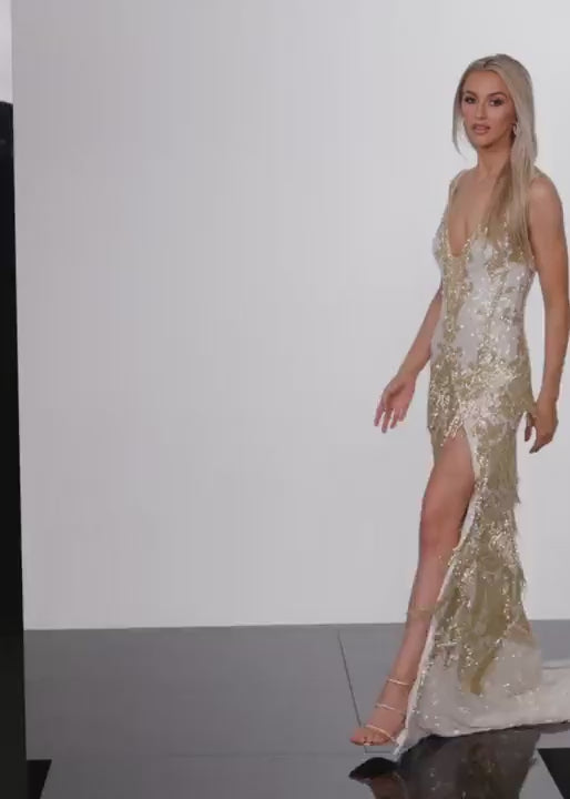 Jovani 38847 Plunging V-Neck Sequin Appliqué Beaded Fringe High Slit Dress