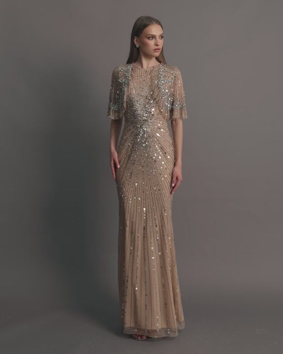 Mac Duggal 23044 Embellished Mesh Fitted Dress With Capelet